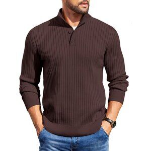 Men's Quarter Button Sweater Long Sleeve Stand Collar Sweater Knitted Brown